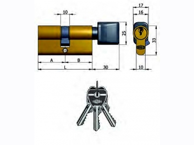 123 : Double cylinder with knob, 5 pins, 3 keys ( Black nylon knob)