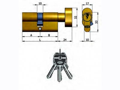 123B : Double cylinder with knob, 5 pins, 3 keys (brass knob)