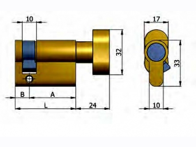 124B : Half cylinder with knob, 5 pins (brass knob)